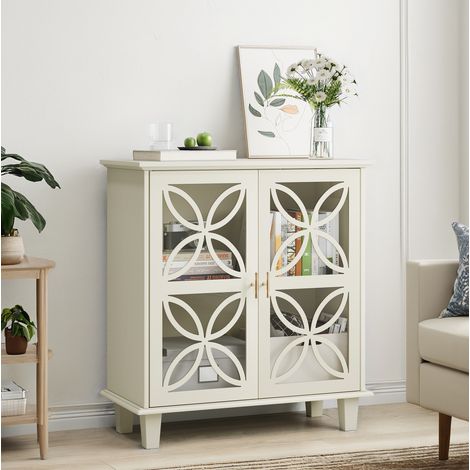 Sideboard mit 2 Glastüren, 4 Holzbeinen, Stauraum für Küche und Wohnzimmer, MDF und Spanplatte, Creme (1/5)