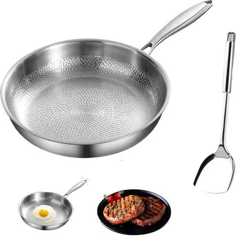 1 Sartén de titanio martillado，26 cm sin tapa，Resistente a los arañazos，Junta de aceite microporosa，Acero inoxidable，Plateado (1/5)