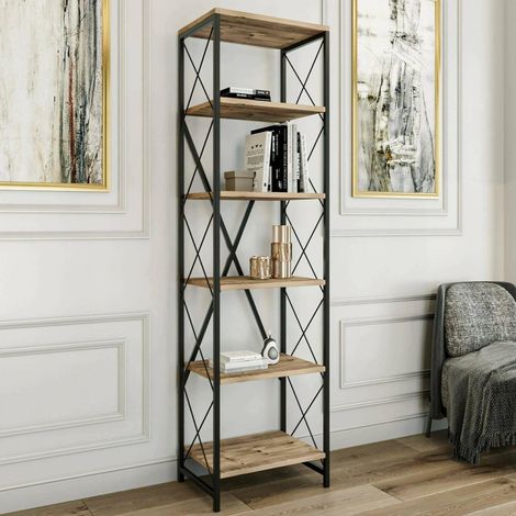 Bibliothèque Yildun, étagère de Bureau, bibliothèque, 50x30h180 cm, chêne et Noir (1/5)