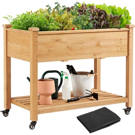 Yaheetech Fioriera/Aiuola Rialzata da Esterno Balcone Orto Letto Rialzato da Giardino per Piante in Legno Abete Naturale con Ruote Ripiano 105,5 x 56,5 x 83,5 cm