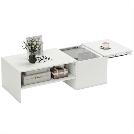 Table basse blanche 110x52 cm avec plateau coulissant et double rangement (1/5)