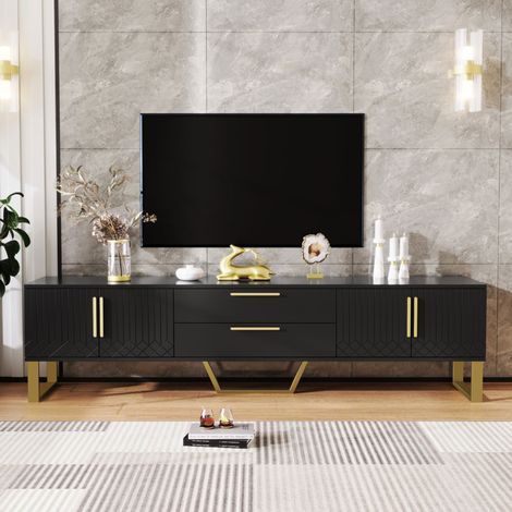 Mobile TV lucido nero e oro in MDF 170x40x53,5 cm con 4 ante e 2 cassetti OKWISH (1/5)