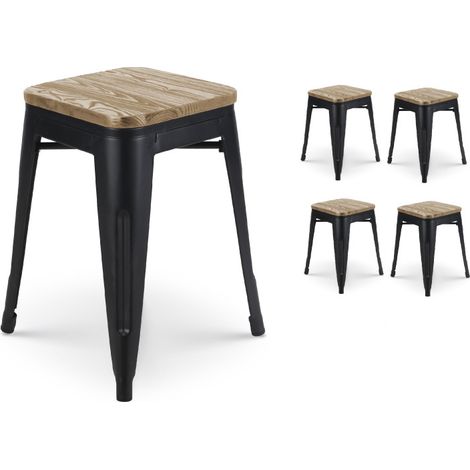 Lot de 4 tabourets en métal noir mat style industriel et assise en bois clair - Hauteur 46 cm