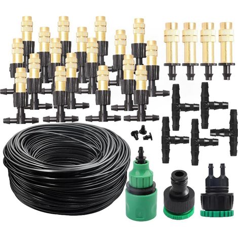 Système d'irrigation de 30 m avec 43 buses de pulvérisation en laiton, kit d'irrigation goutte à goutte pour jardin, serre, terrasse (1/5)