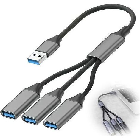 30 cm USB-A-Splitter, 3-Port-USB-Steckdosenleiste für MacBook, PS5, Xbox, PC, Auto, Tastatur, Maus, Drucker, Typ-A-Stecker auf 3 Buchsen zum Laden und zur Datenübertragung (1/5)
