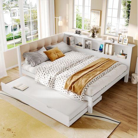 Cama nido de madera de pino blanca 140x200 cm con cama extraíble, estantes laterales, LED regulable y USB (1/5)