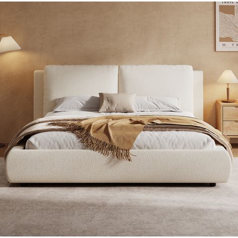 Cama doble 180x200 cm tapizada bouclé beige con somier de láminas y gran espacio de almacenaje