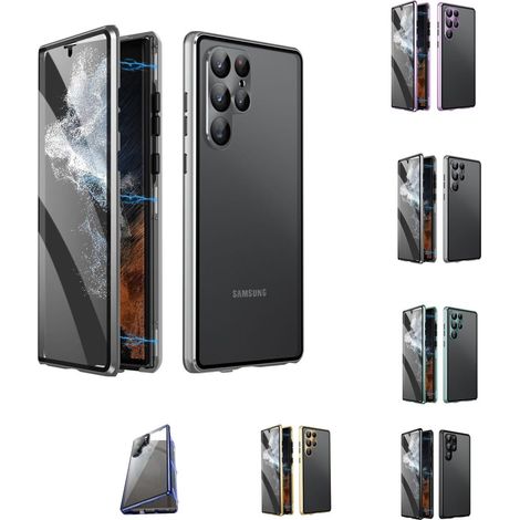 Custodia magnetica a doppio lato in vetro temperato con protezione della privacy per la serie Samsung S21-25 (Privacy Silver, compatibile anche con Samsung S23 Ultra).