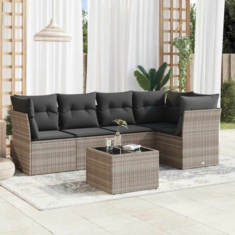 6-tlg. Garten-Sofagarnitur mit Kissen Hellgrau Poly Rattan (1/3)