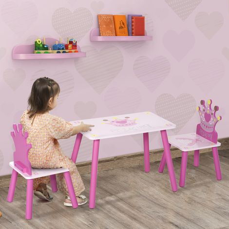Ensemble table et 2 chaises enfant 3 pièces, pieds en bois massif, table enfant avec chaise motif couronne, rose, pour s et s de 2 à 4 ans