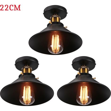 Plafonnier Vintage Rétro Lampe de Plafond Industrielle Fer Abat-jour 22cm Noir 3PCS (1/5)