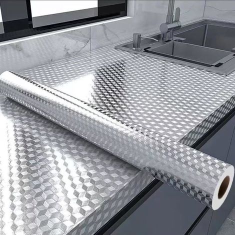 Papier peint aluminium imperméable, résistant à l'huile et à la chaleur, 40 x 500 cm, autocollant, motif à damier argenté, pour comptoir de cuisine et tiroir. (1/5)