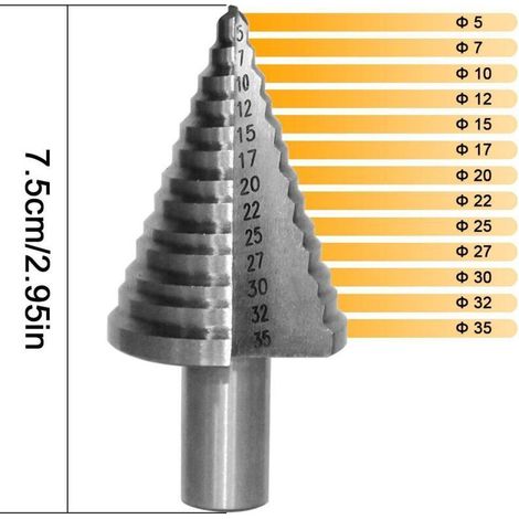 Foret Fraise Meche Etage Foret étagé HSS Foret Étagé Fraise Conique à Double Fente 5-35mm 13 étapes Rondes Shank Step Drill Cut Holes Tool Pour Visseuse Percage sur fine feuille d'aluminium Bois Plast (1/4)
