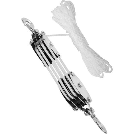 Palan à poulies 4 roues acier, corde 20m blanche, crochet, roulements nylon, capacité 300kg, pour levage camping bateau bricolage (1/4)