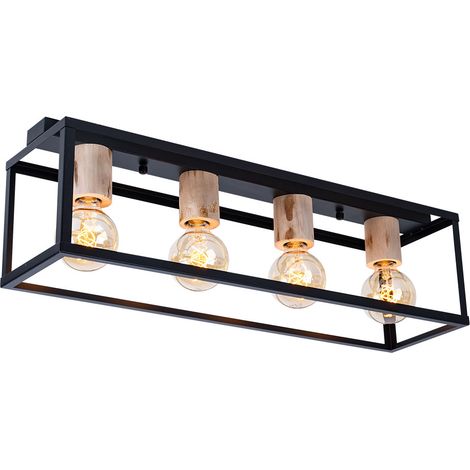 Globo – Plafonnier vintage noir en métal et bois naturel – 4 douilles E27 – Dimensions 75x20x22,5 cm – Éclairage pour salon et salle à manger – 154764D (1/4)