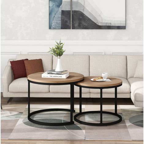 Tavolini da salotto set 2 pezzi in MDF effetto rovere, struttura in metallo, rotondi, impilabili,70.5×70.5×50cm (1/5)