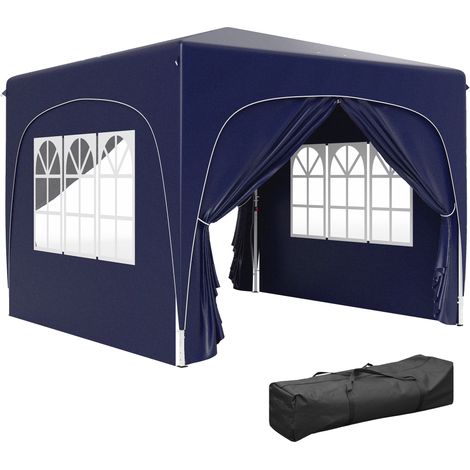Mesa de picnic plegable de 3x3 m con toldo, paneles laterales, protección UPF50+, altura ajustable y bolsa de transporte azul oscuro.