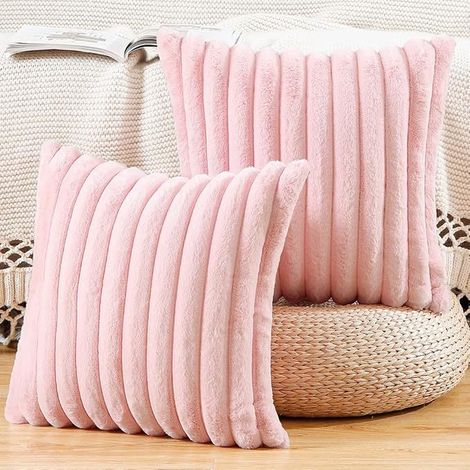 Lot de 2 housses de coussin en fausse fourrure 45 x 45 cm, effet peluche à rayures, douces et décoratives, coloris rose, pour canapé et chambre