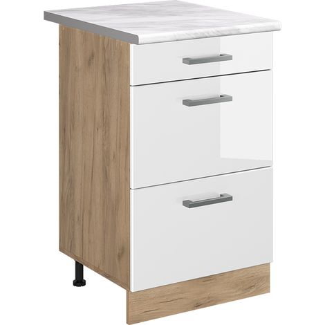 Küchenunterschrank R-Line, Weiß Hochglanz/Goldkraft Eiche, 50 cm Arbeitsplatte Marmor, Vicco (1/5)