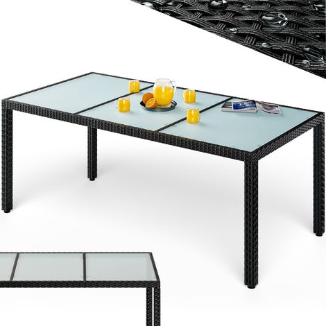 CASARIA® 190x90cm Polyrattan and Frosted Glass Garden Dining Table Weatherproof Outdoor Rattan Balcony Table Height Adjustable Feet 5mm Safety-Glass Patio Party Furniture Black (1/7)