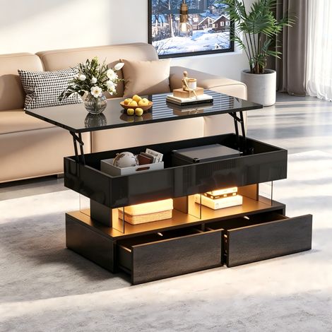 Mesa de Centro Elevable con 2 Cajones, Almacenaje Oculto, LED y Hueco Abierto, para Salón, Negro, 100 × 50 × 46 cm (1/5)