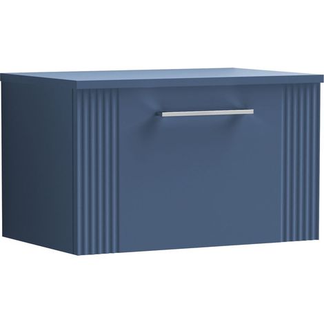 Belvide Partial Fluted 1 Drawer Wall Hung Vanity Unit with Colour Coordinating Laminate Worktop - 600mm - Satin Blue