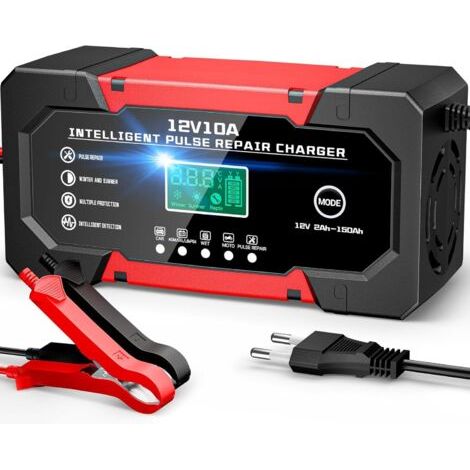QORVA-Chargeur de Batterie Voiture 10A 12V Chargeur Intelligent pour Auto Moto avec 5 Modes Réparation Écran LCD pour Auto Voiture Moto Camion  Gel Wet LiFePO4