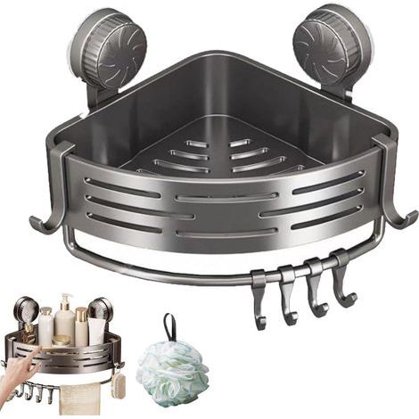 Support de Douche d'Angle à Ventouse sans Perçage, Étagère de Salle de Bain avec Crochets, Fixation Murale Solide et Amovible, Argent, 22.5x6.8cm, 1-Pack (Argent-1pc)