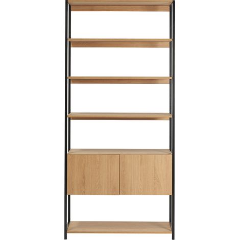Libreria a ripiani con vano contenitore chiuso finitura legno chiaro rovere e metallo nero L94 cm FLEA