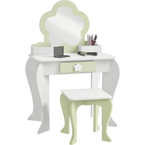 Coiffeuse Enfant avec Tabouret en Bois Table de Maquillage pour Fille Miroir Forme Fleur Tiroir Blanc (1/5)