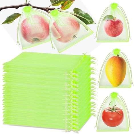 Filets de protection fruits, 50 pièces, 17x23 cm, avec cordon, réutilisables, anti-insectes et oiseaux.