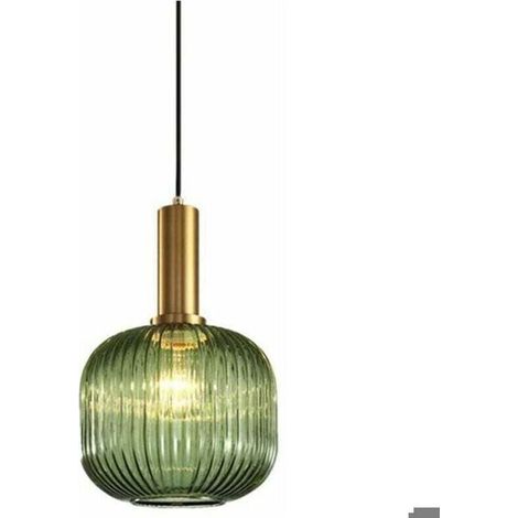 Suspension vintage industrielle en verre rayé – Abat-jour 30 cm – Support en laiton poli – Hauteur 18 cm – Compatible ampoules E27 (1/5)