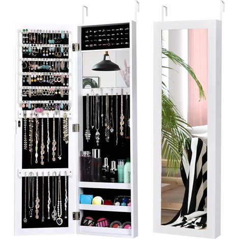 COSTWAY Armoire à Bijoux Murale Meuble à Bijoux Suspendue Accrochée à la Porte Blanche 31,5 x 8,5 x 110cm Hauteur Réglable
