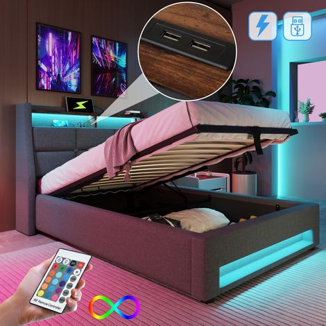 MEUBLIV Polsterbett 90x200 cm Leinen Grau mit LED und USB, Stauraum, ohne Matratze (1/5)