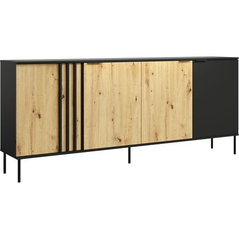 Buffet Design IZO – 4 Türen – Onyx Schwarz & Helles Eichenholz – 220x92x40 cm