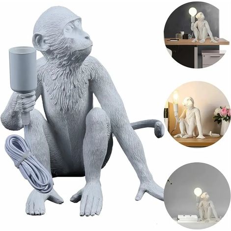 Lampe de table singe en résine style industriel, E27, blanche