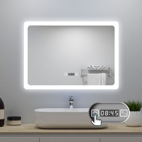 LED Badezimmer Spiegel 70x50cm mit Uhr 3 Lichtfarbe Dimmbar Beschlagfrei Speicherfunktion Horizontale Installation (1/5)