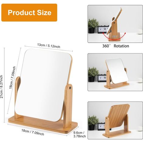 Specchio cosmetico in legno - Piccolo specchio da terra a 360° - 21 x 18 cm - Con supporto - Specchio per il trucco in legno - Specchio per la rasatura - Specchio da tavolo - Specchio da scrivania - P (1/4)