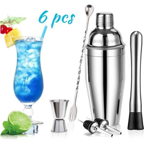 Kit de barman 6 pièces en acier inoxydable comprenant un shaker à cocktails, un bâtonnet mélangeur et des ustensiles pour cocktails.