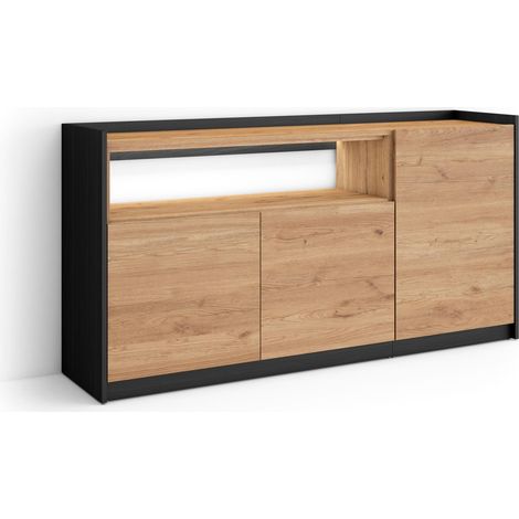 Skraut Home - Credenza, Mobile, Cucina, Madia, mobile ingresso, 156x37x80cm, 3 Porte, LED, Stile moderno, Rovere e nero (1/5)