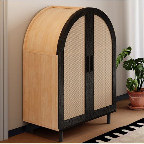 Aparador zapatero 70x40x100 cm natural y negro en MDF y tablero de partículas con puertas de ratán y estantes ajustables (1/5)