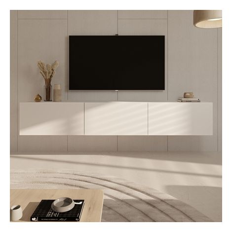 Petits-Meubles – Meuble TV suspendu 3 portes 180x35x29,6 cm blanc – Finition hêtre et panneaux de particules – Installation murale pour gain de place (1/6)