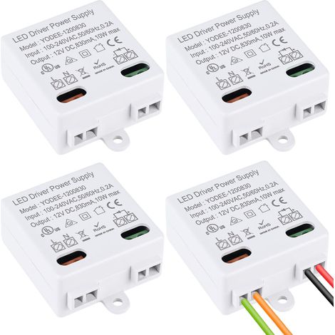 Lot de 4 mini transformateurs LED 12 V/DC : AC 230 V vers DC 12 V 850 mA Transformateur, mini transformateurs luminaires et bandes Petit et plat sans exigences de charge minimale (1/5)