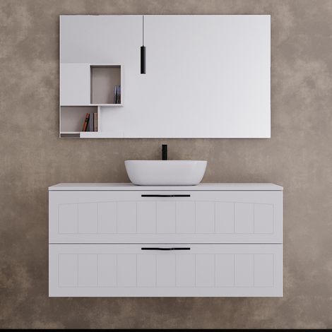 Meuble de salle de bain 120cm avec plateau et vasque à poser ovale - 2 tiroirs - blanc - PIA (1/5)