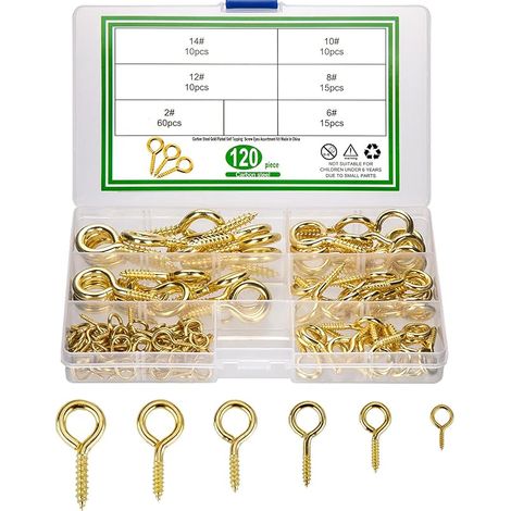 120 Pièces Boulon à Oeil, Crochet à Visser, Piton à Oeillet, Crochet Porte Oeil, Piton de Fixation à Visser avec Filetage pour Décaration Suspension (Couleur or) (1/5)
