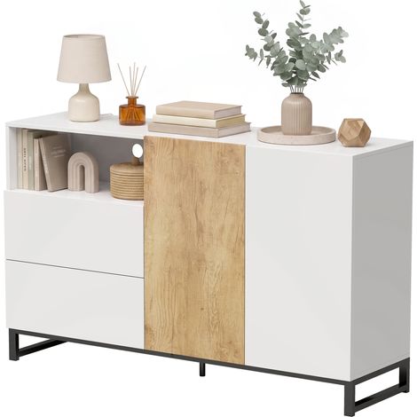 Meuble TV et rangement blanc chêne, buffet 2 portes à amortisseurs, 2 tiroirs, étagère modulable, armoire basse pour séjour. (1/5)