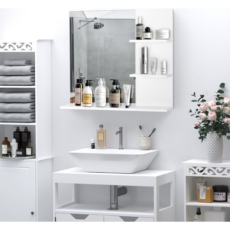Specchio da bagno a parete con 3 ripiani aperti, MDF bianco 60x48 cm DESVIAE (1/5)
