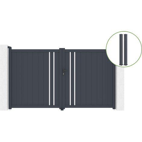 Portail battant 3m GIONA H.180cm alu + 2 poteaux EIFEL 15x15cm H.190cm GRIS (1/5)