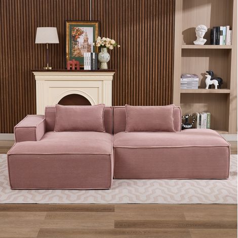 Canapé 235x129x70 cm rose bébé en polyester rembourré avec 2 coussins et assise à ressorts ensachés (1/5)