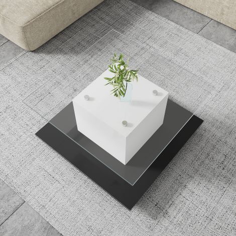 Table basse, table basse en verre haute brillance, table basse mobile sur roulettes pivotantes